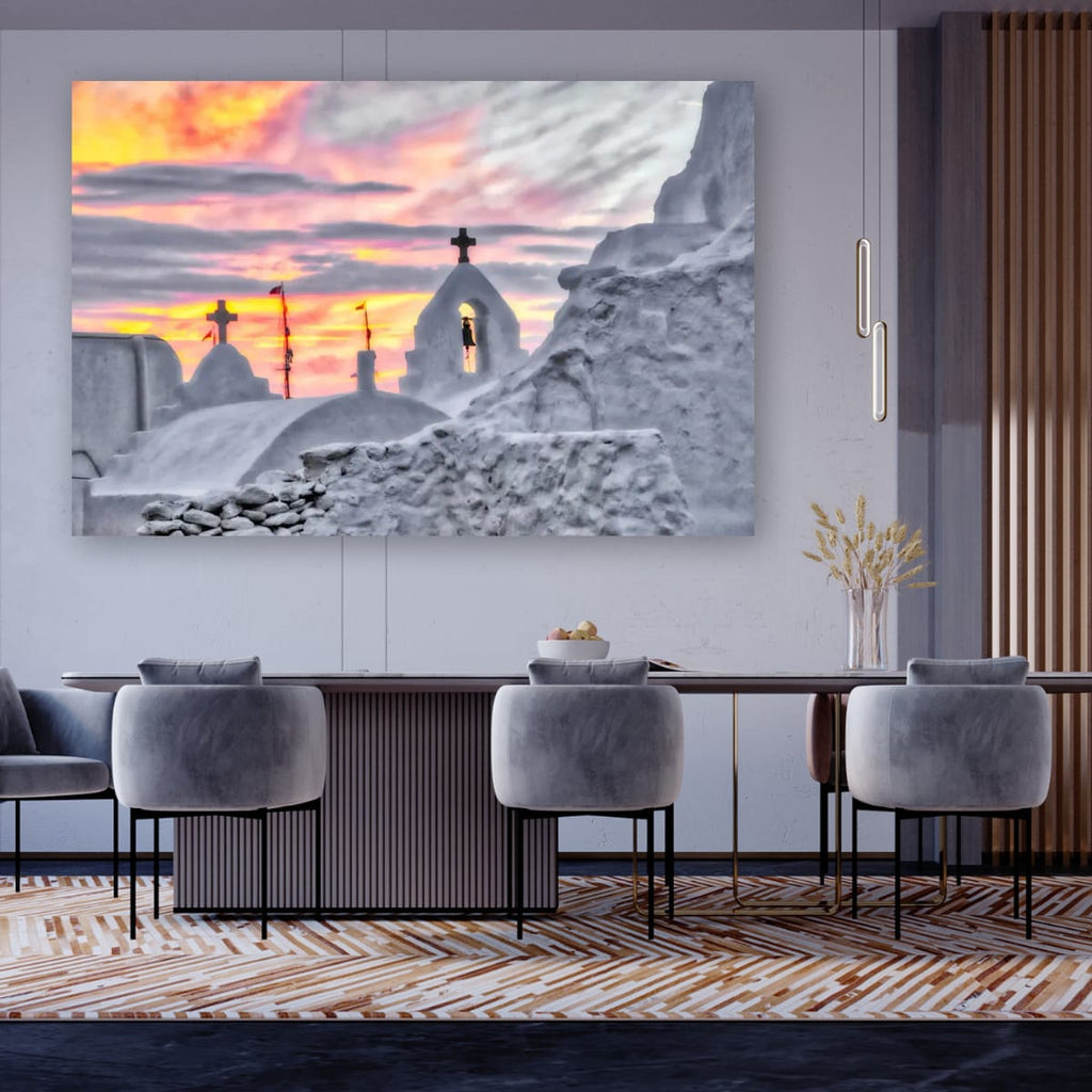 Sunset Bells of Mykonos, Greece – Coastal Wall Art