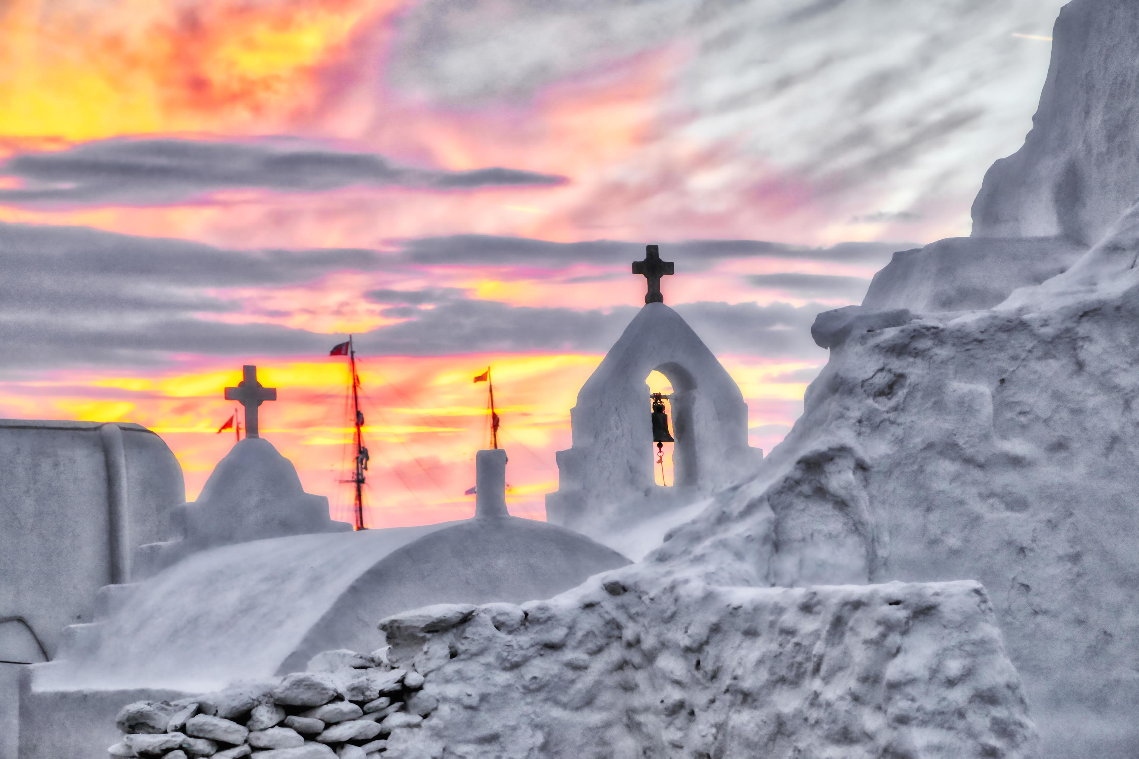 Sunset Bells of Mykonos, Greece – Coastal Wall Art